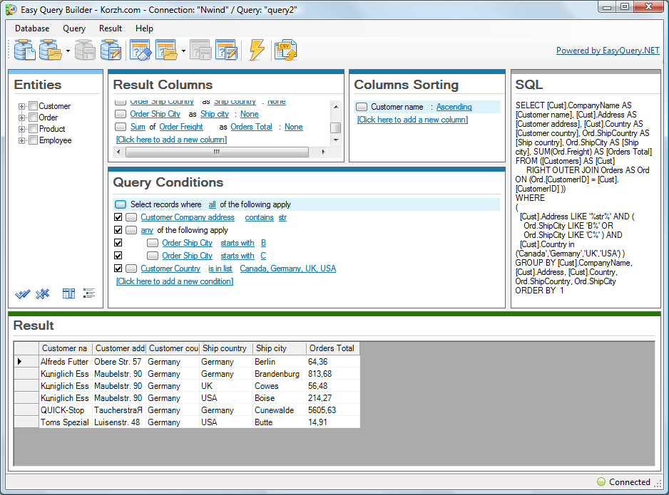 SQL query builder,ad-hoc query,learn SQL, SQL queries,visual query builder,query constructor,query builder for SQL server,query 